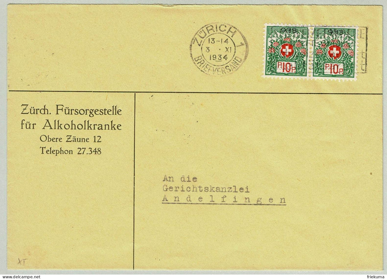 Schweiz / Helvetia 1934, Brief Portofreiheitsmarken Fürsorgestelle Alkoholkranke Zürich - Andelfingen, Alcool / Alcohol - Franchise