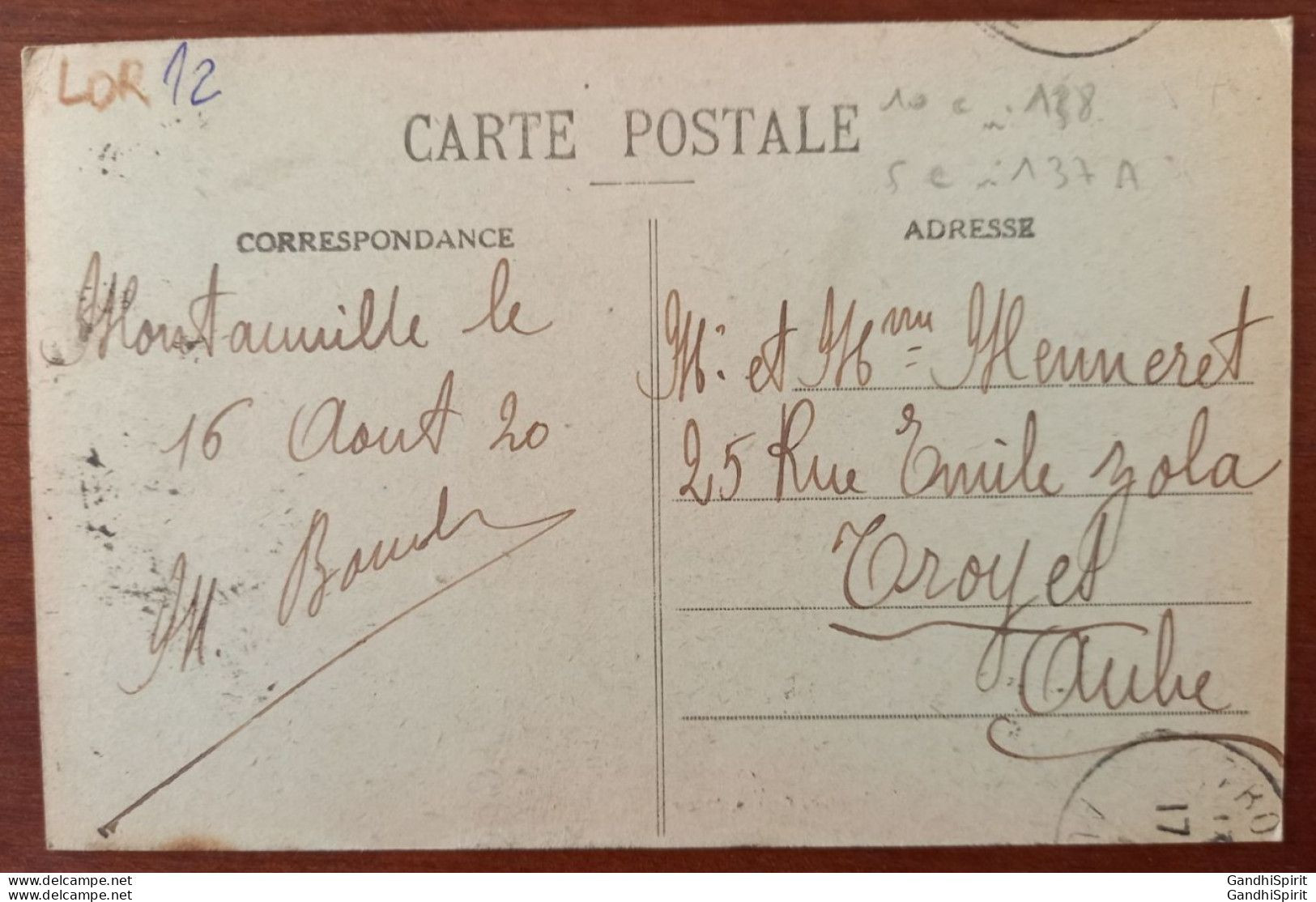 Timbre Perforé P.F. Sur Semeuse Rouge 10 C, TAD Pont à Mousson 16.08.1920 Sur N°138 Pour Troyes 17.08.1920 Perfin Sur CP - Storia Postale