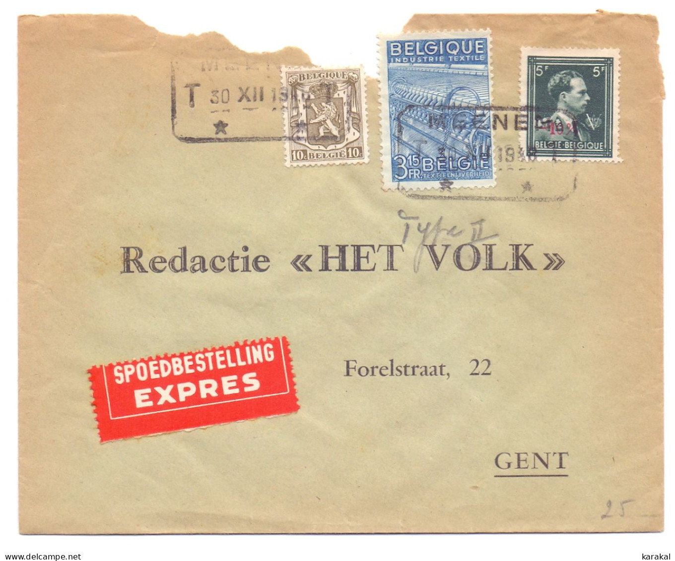 Belgique 724T Moins 10% Surcharge Générale 765a 420 Lettre Express Het Volk Meenen Vers Gand 1948 - 1946 -10%