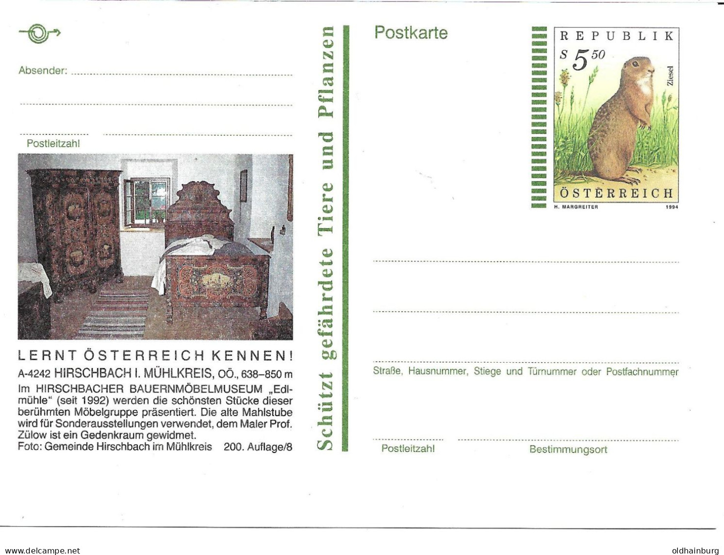 2355n: Österreich 1994, Margreiter: Bildpostkarte 4242 Hirschbach, Motiv Bauernmöbelmuseum, ** - Freistadt