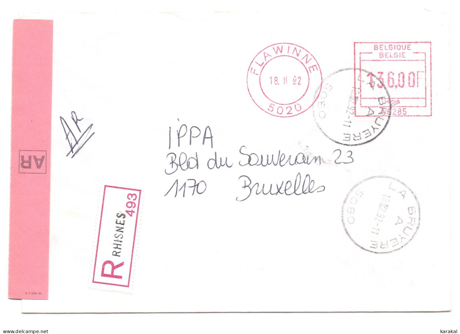 Belgique EMA Flawinne A6285 La Bruyère IPPA Lettre Recommandée Avec Accusé De Réception AR Rhisnes Bruxelles 1992 - 1980-99