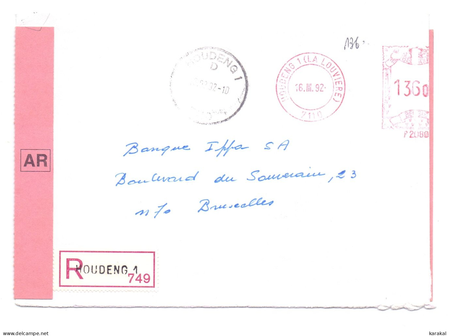 Belgique EMA P2080 IPPA Lettre Recommandée Avec Accusé De Réception AR Houdeng 1 Bruxelles 1992 - 1980-99
