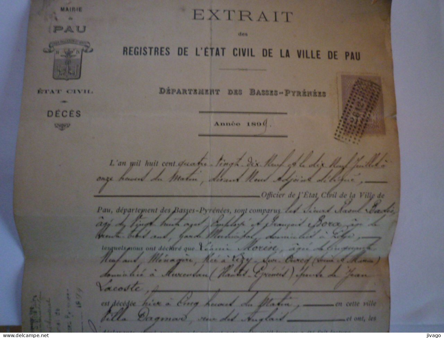 2023 - 2657  MAIRIE De PAU  1899  :  Certificat De DECES  De Léonie MORIN  Née à LIZY-sur-OURCQ  (77)     XXX - Non Classificati