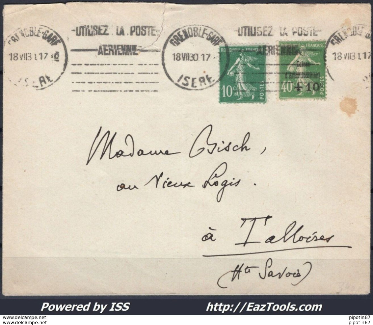 FRANCE LETTRE TARIF 50cts DONT N° 253 DE GRENOBLE POUR TALLOIRES DU 18/07/1930 - Brieven En Documenten