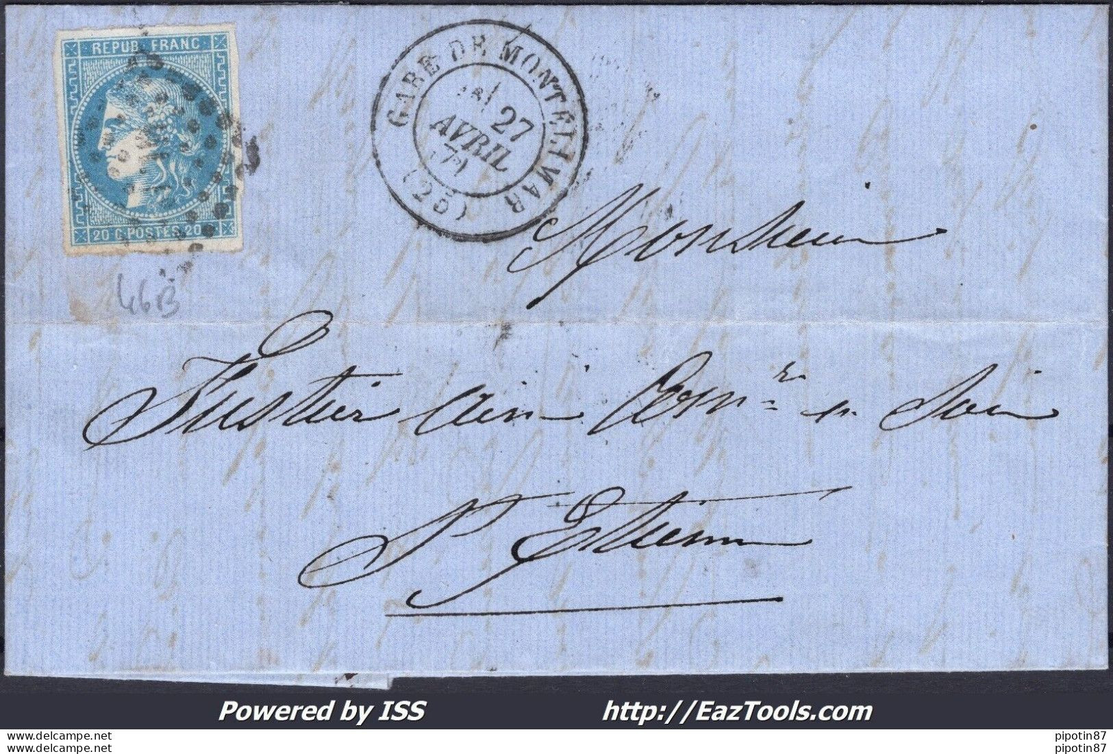 FRANCE N°46B SUR LETTRE AMBULANT ML1° + CAD GARE DE MONTÉLIMAR DU 27/04/1871 - 1870 Bordeaux Printing