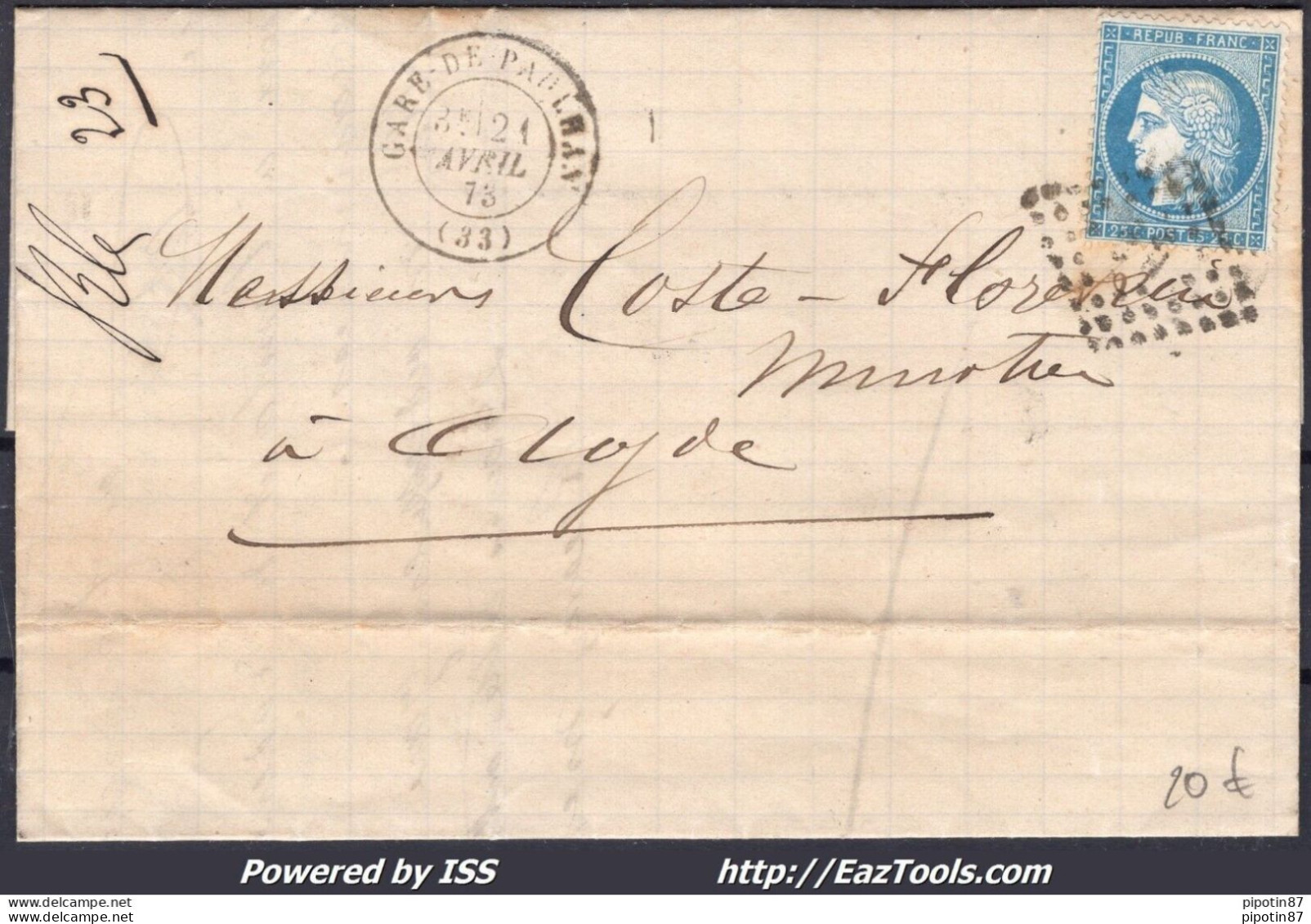 FRANCE N°60A SUR LETTRE AMBULANT BC + CAD GARE DE PAULHAN DU 21/04/1873 - 1871-1875 Ceres