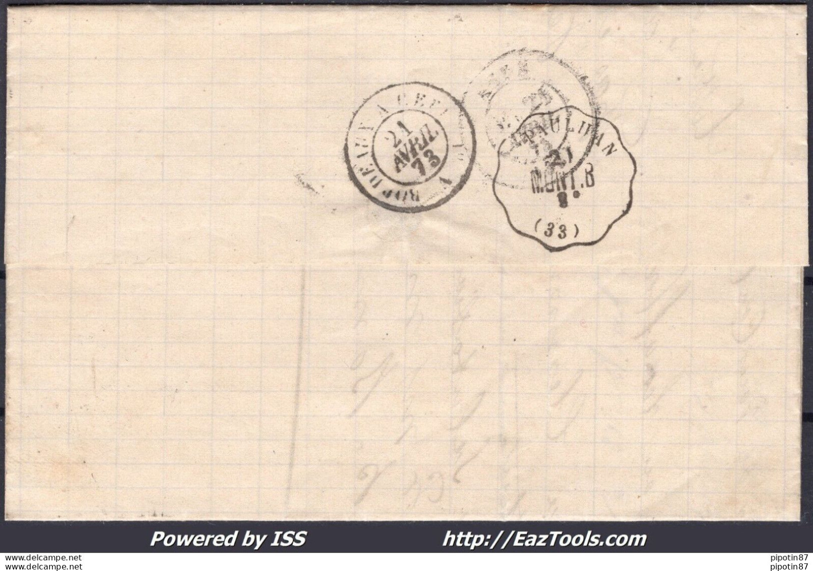 FRANCE N°60A SUR LETTRE AMBULANT BC + CAD GARE DE PAULHAN DU 21/04/1873 - 1871-1875 Cérès