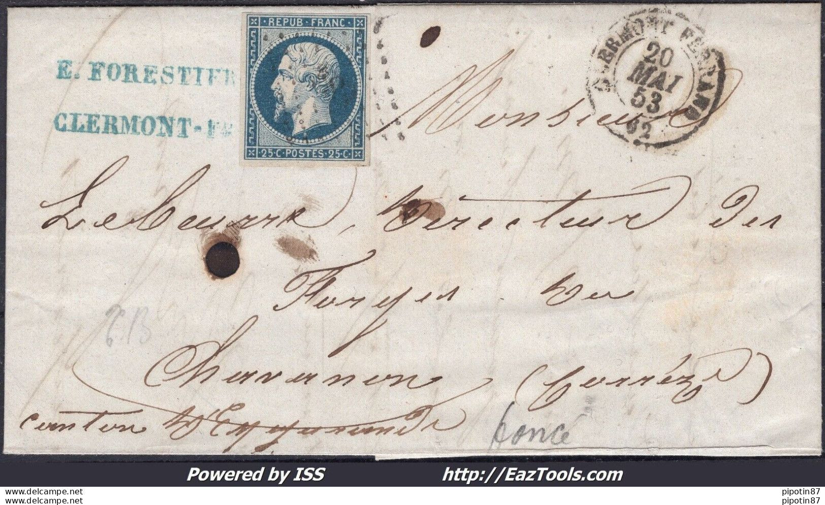 FRANCE N° 10a BLEU FONCÉ SUR LETTRE PC 886 CLERMONT FERRAND + CAD DU 20/05/1853 - 1852 Luis-Napoléon