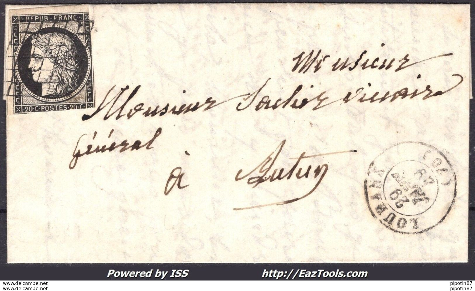 FRANCE N° 3 SUR LETTRE AVEC OBLITERATION GRILLE + CAD LOURANS DU 29/01/1849 - 1849-1850 Cérès