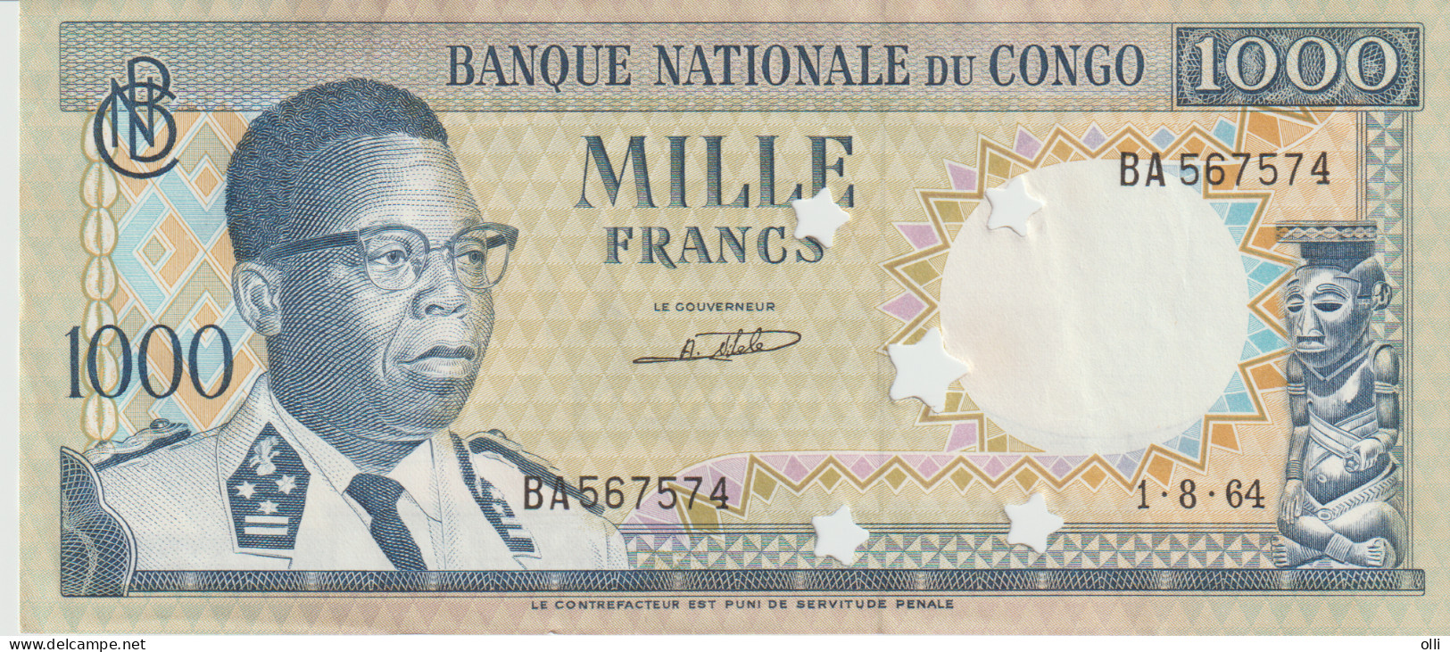 CONGO 1000 FRANCS   PERFORATED STARS DATED 01-08-1964 UNC P8 AU - République Démocratique Du Congo & Zaïre