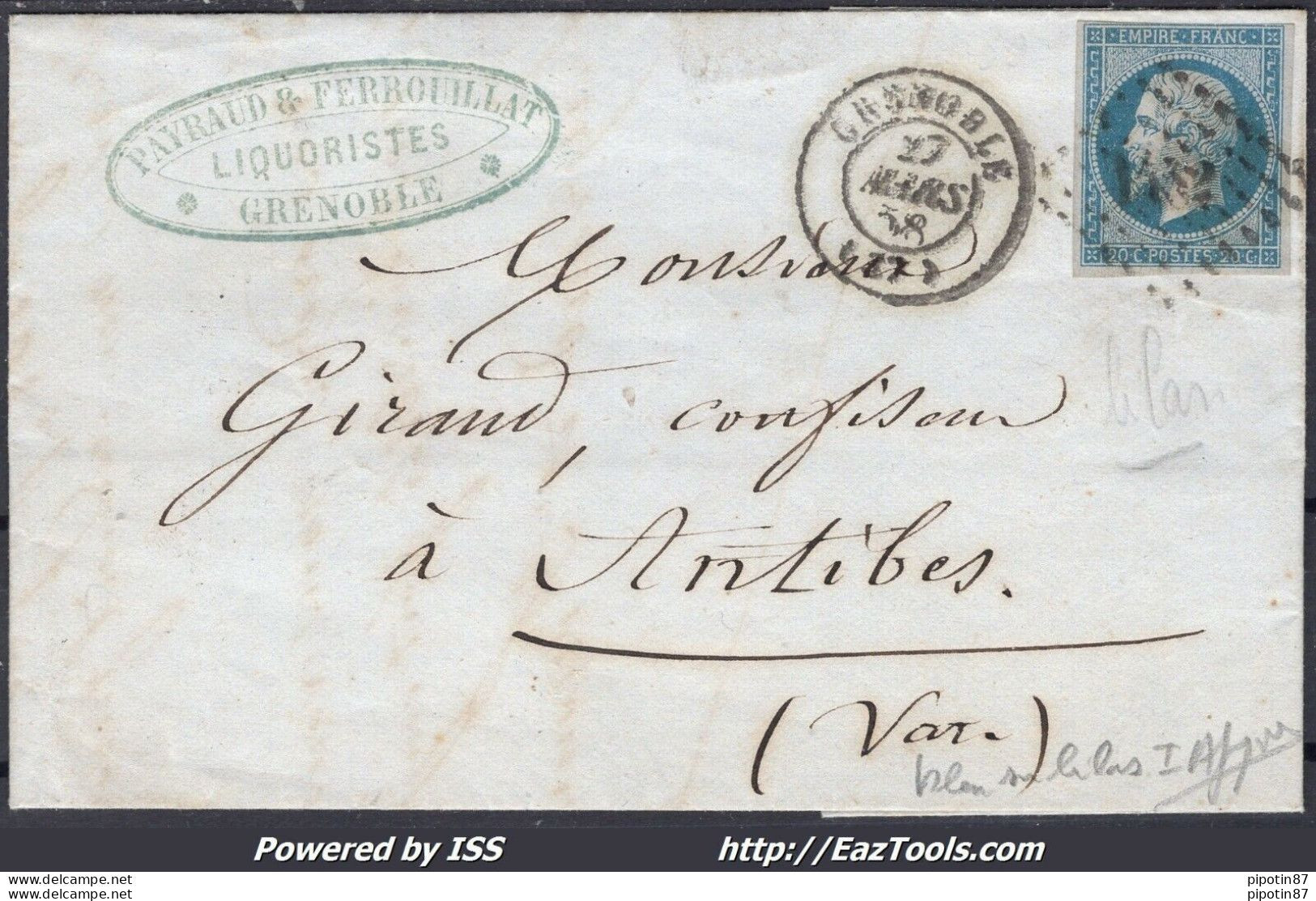 FRANCE EMPIRE 20c BLEU SUR LILAS N° 14Ae SUR LETTRE PC 1452 SIGNÉ CALVES - 1853-1860 Napoléon III.