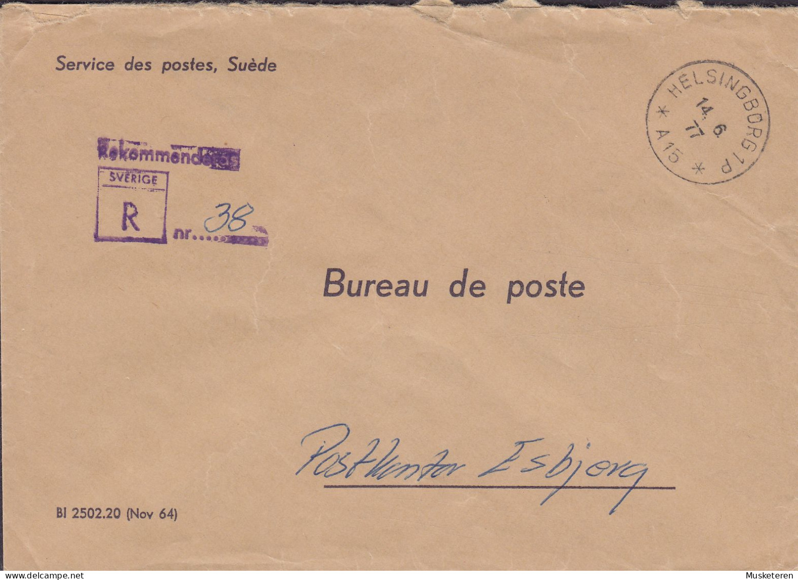 Sweden Bureau De Poste Boxed (Purple) 'Rekommenderas' (Registered Einschreiben) HELSINGBORG 1977 Cover Brief ESBJERG - Cartas & Documentos