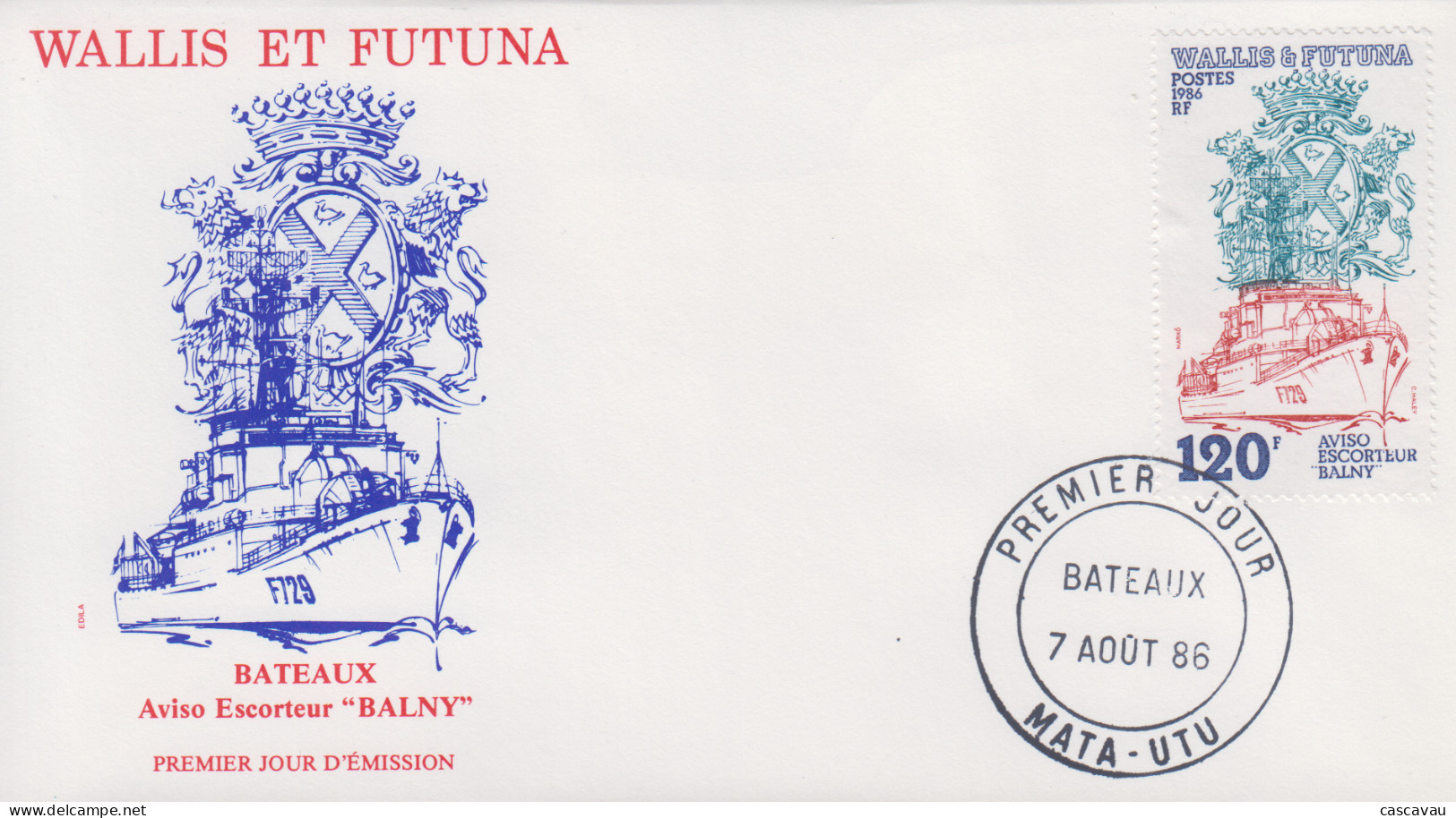 Enveloppe  FDC  1er  Jour    WALLIS  ET  FUTUNA    Navire  :  Aviso   Escorteur    BALNY     1986 - FDC