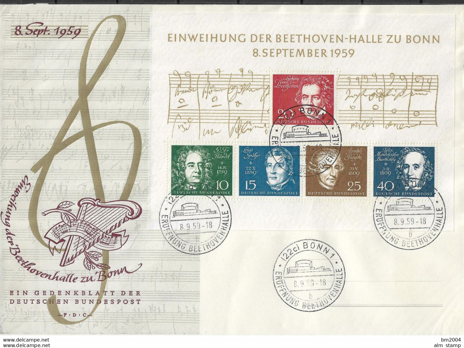 1959 Deutschland  Mi. Bl. 2  FDC  Einweihung Der Beethovenhalle Bonn. - 1948-1960