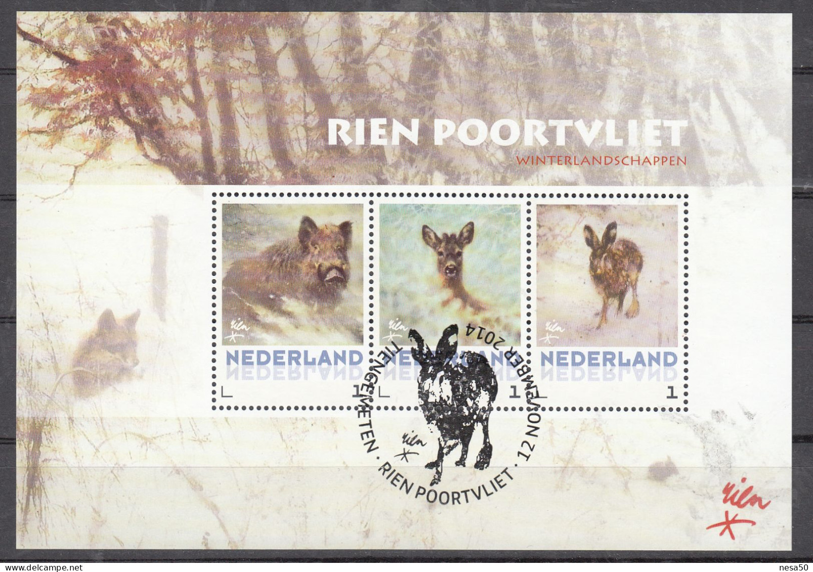 Nederland Persoonlijke Zegel, Rien Poortvliet, Wild Zwijn, Hert, Haas, Wild Boar, Deer, Hare, Speciale Stempel - Gebraucht