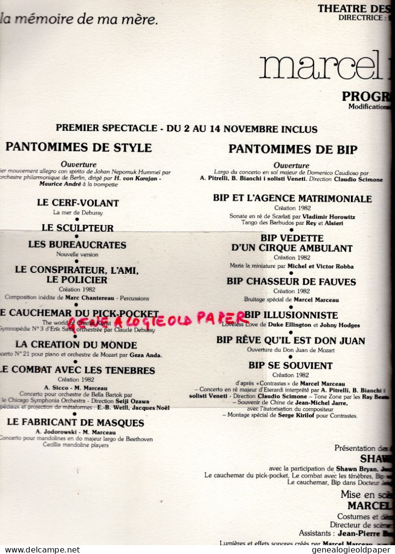 75- PARIS-PROGRAMME THEATRE CHAMPS ELYSEES- MIME MARCEL MARCEAU-21-11-1982-ARTICLES PRESSE + BILLETS ENTREE
