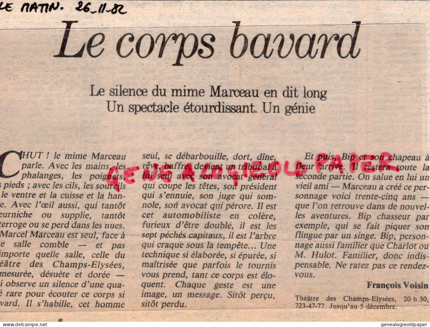 75- PARIS-PROGRAMME THEATRE CHAMPS ELYSEES- MIME MARCEL MARCEAU-21-11-1982-ARTICLES PRESSE + BILLETS ENTREE