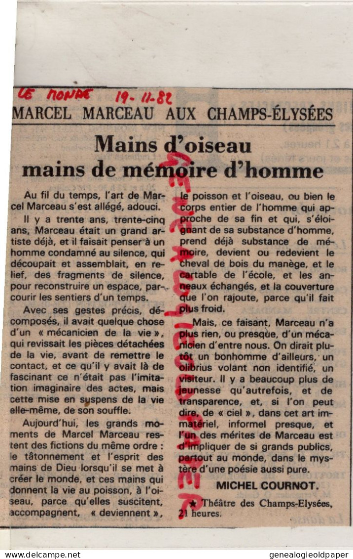 75- PARIS-PROGRAMME THEATRE CHAMPS ELYSEES- MIME MARCEL MARCEAU-21-11-1982-ARTICLES PRESSE + BILLETS ENTREE