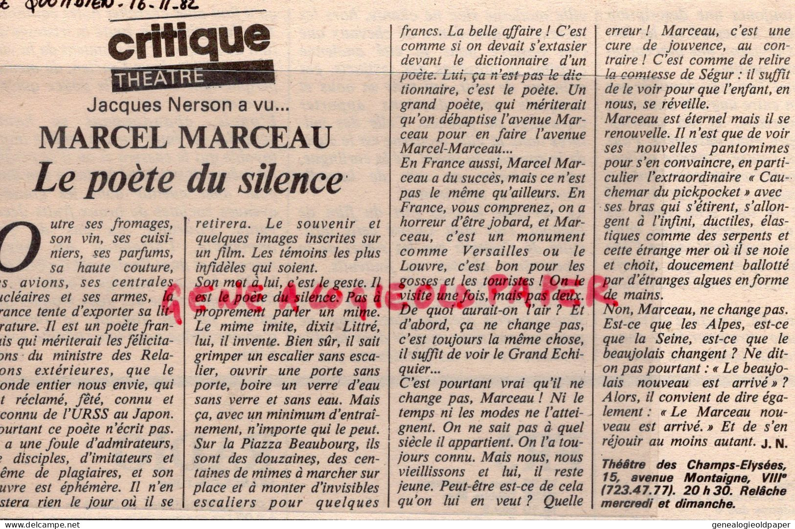 75- PARIS-PROGRAMME THEATRE CHAMPS ELYSEES- MIME MARCEL MARCEAU-21-11-1982-ARTICLES PRESSE + BILLETS ENTREE