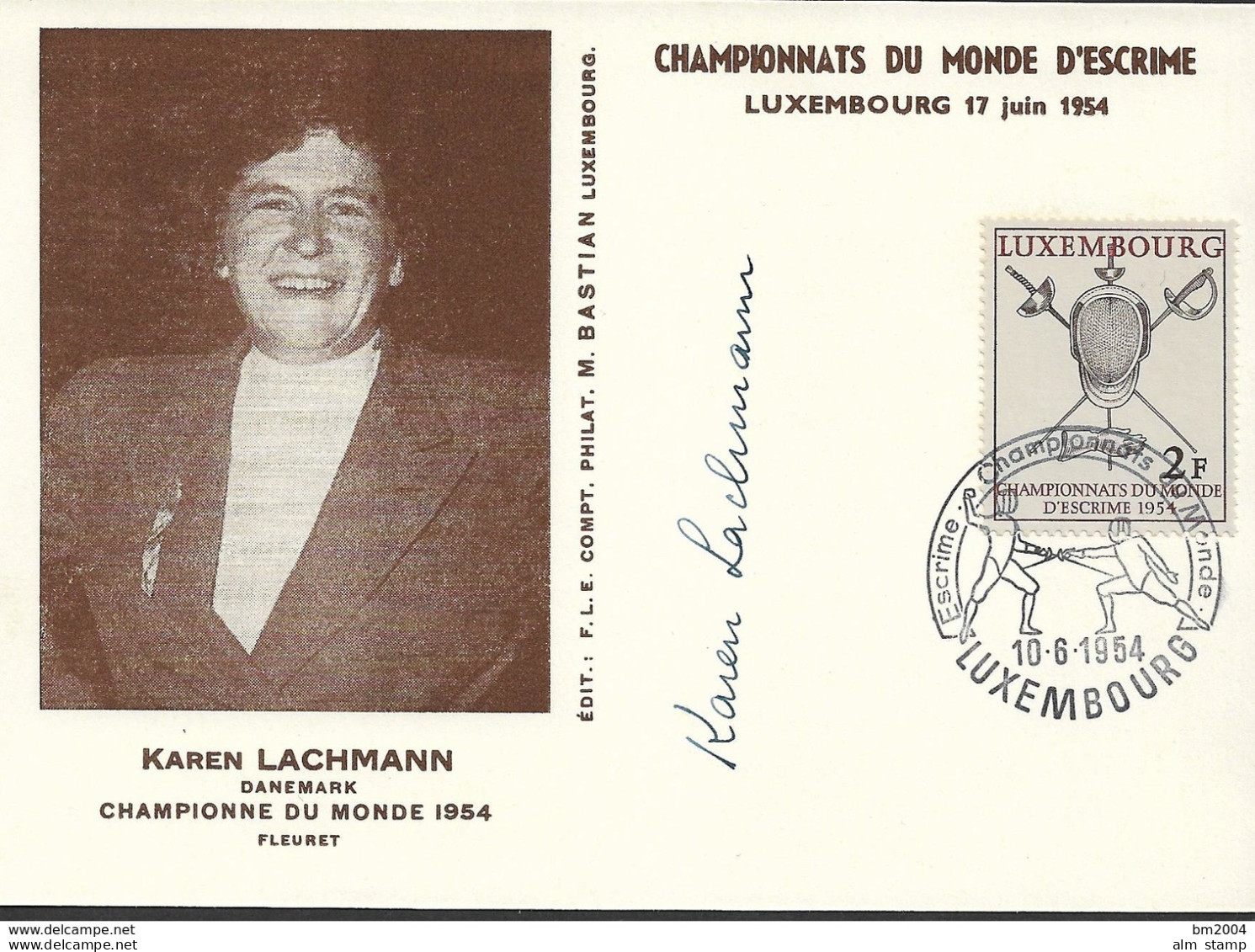 1954 Luxemburg Mi. 523 Fechtweltmeisterschaften Autogrammkarte  Karen Lachmann Dänemark - Escrime