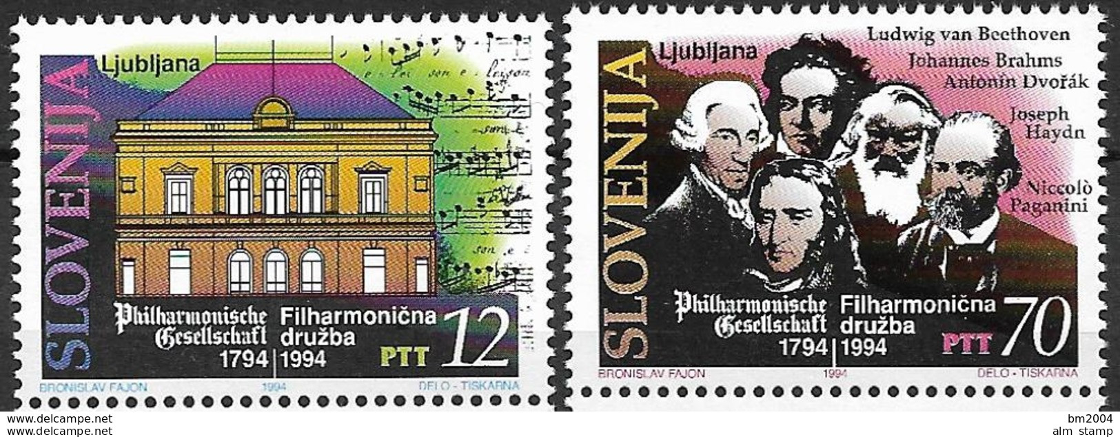 1994 Slowenien  Slovenija Mi.95-6 **MNH : 200 Jahre Philharmonische Gesellschaft. - Invierno 1994: Lillehammer