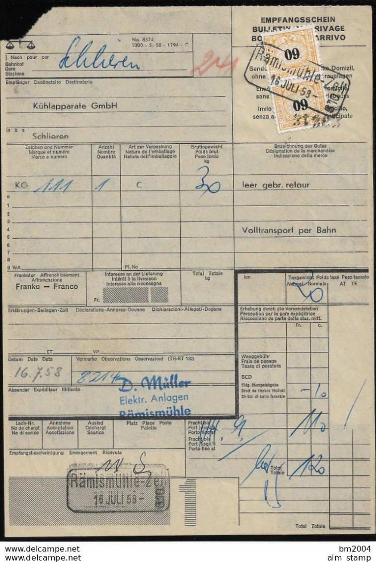 1958 Schweiz  Eisenbahndienstmarke Auf Frachtbrief - Railway