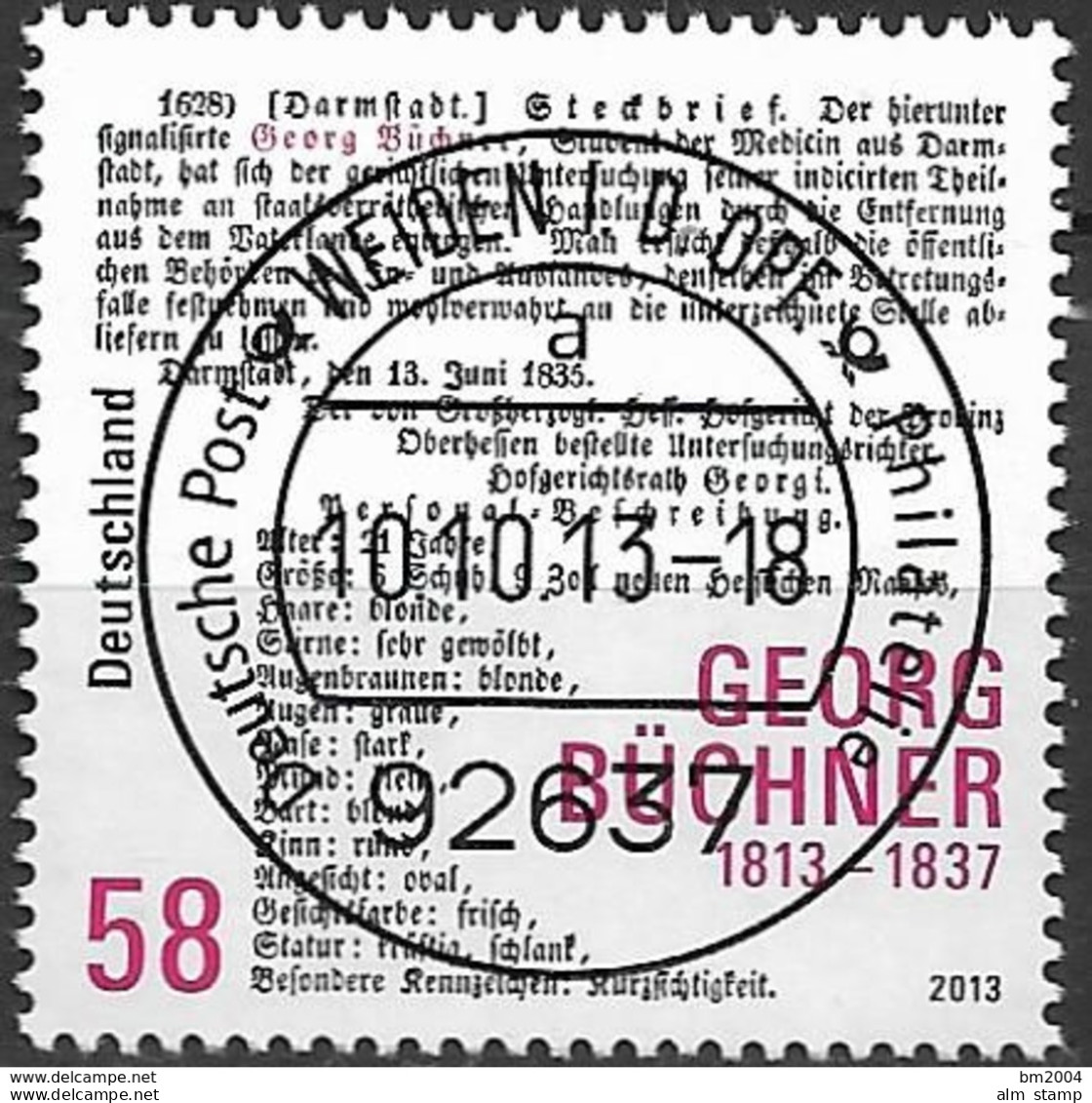 2013 Germany Allem.Fed. Deutschland  Mi. 3031 FD-used Weiden   200. Geburtstag Von Georg Büchner. - Gebraucht