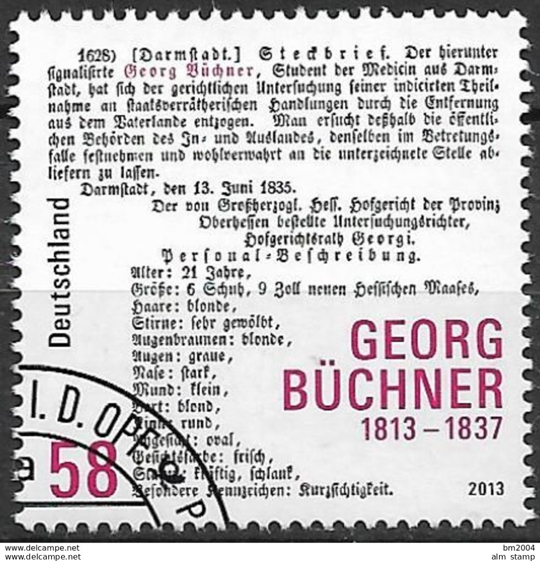 2013 Germany Allem.Fed. Deutschland  Mi. 3031 FD-used   200. Geburtstag Von Georg Büchner. - Gebraucht