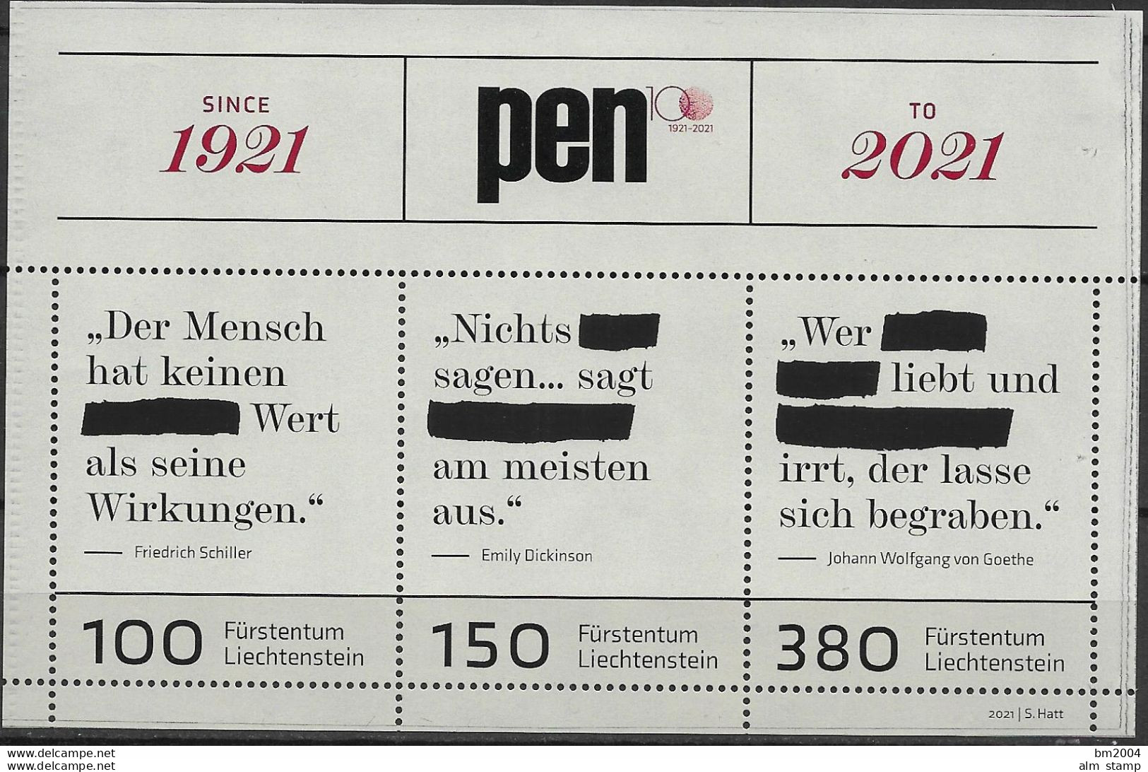 2021 Liechtenstein  Mi Bl. 39  **MNH  100 Jahre Autorenverband PEN International. - Ungebraucht