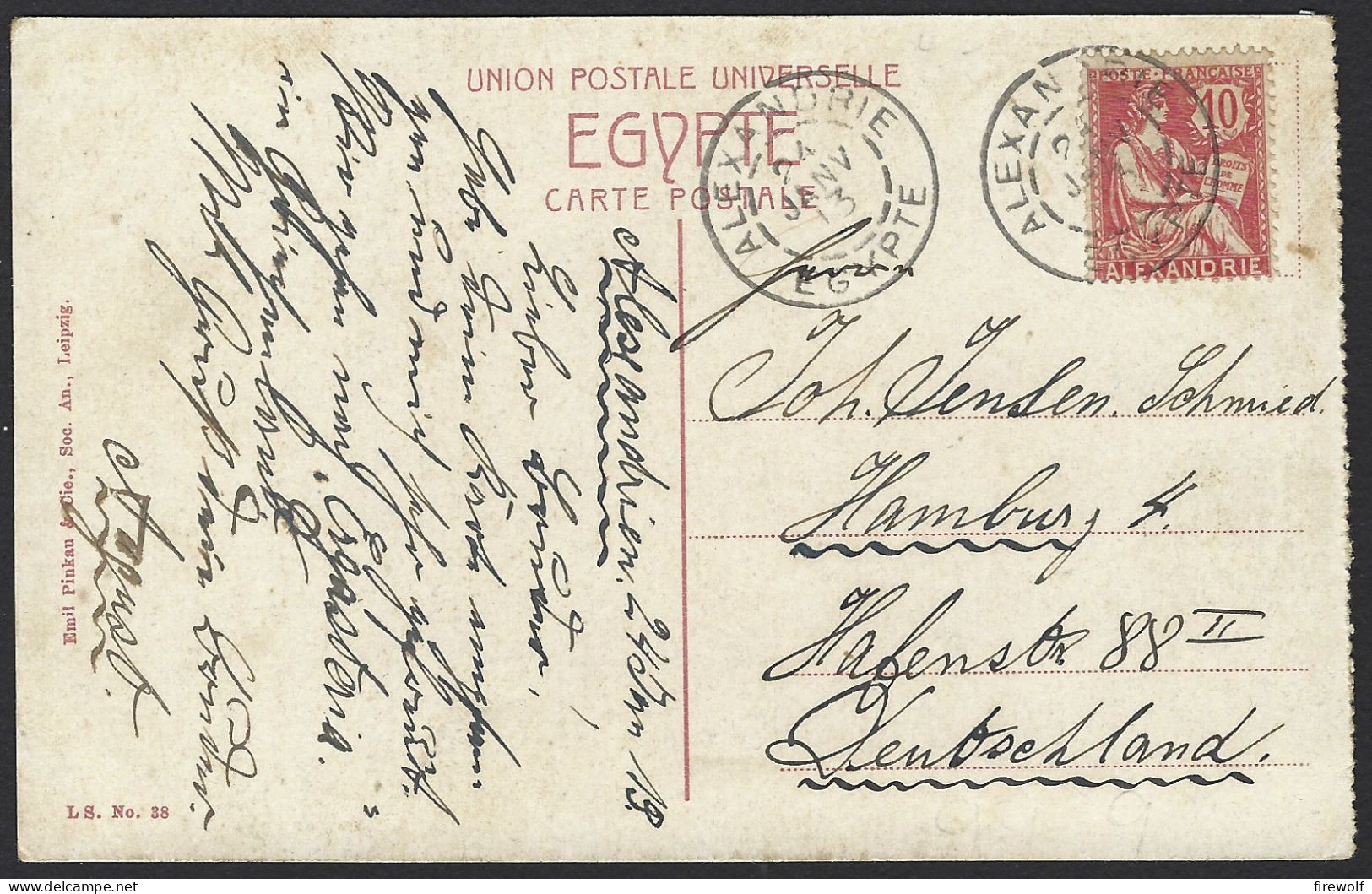 F14 - Egypt Alexandria French Office - Postcard 1913 To Hamburg Germany - Canal Mahmoudieh - Covers & Documents