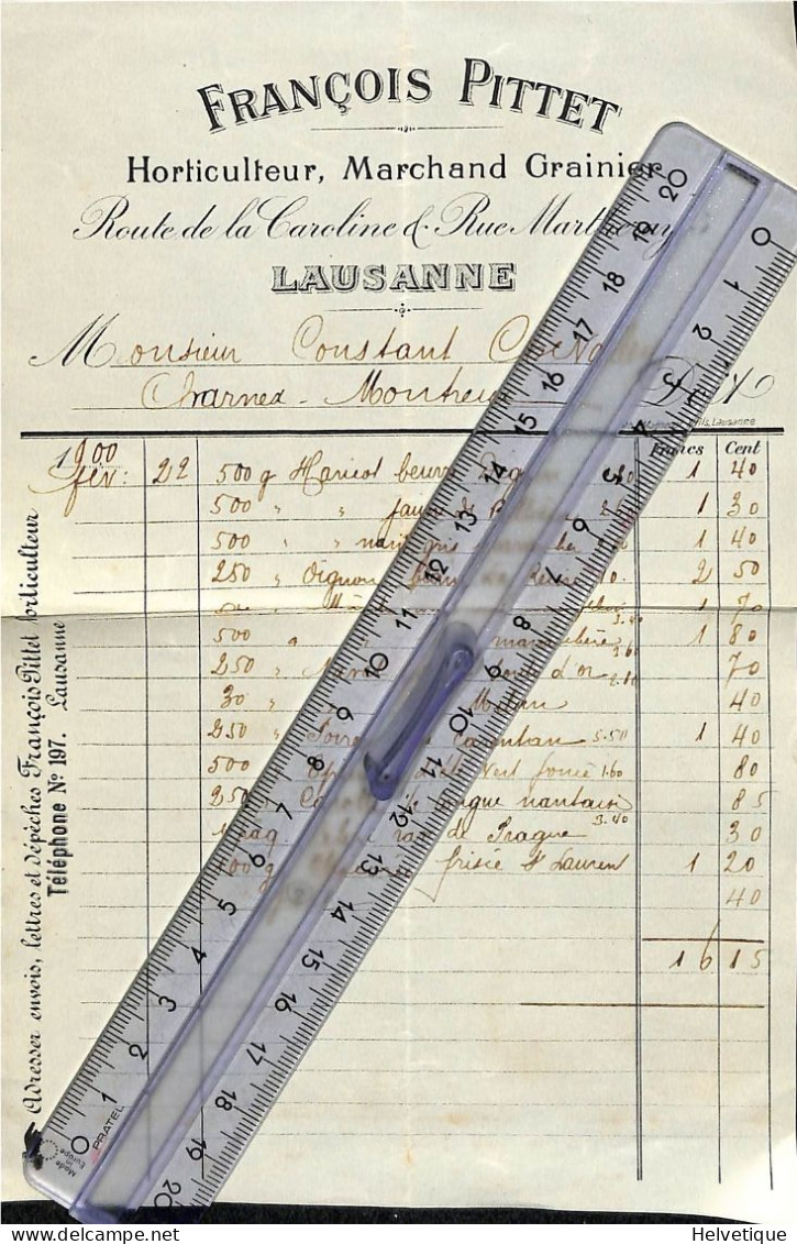 Facture François Pittet Horticulteur Grainier Lausanne Rte De La Caroline Haricots Oignons Poireaux épinards 1900 - Switzerland