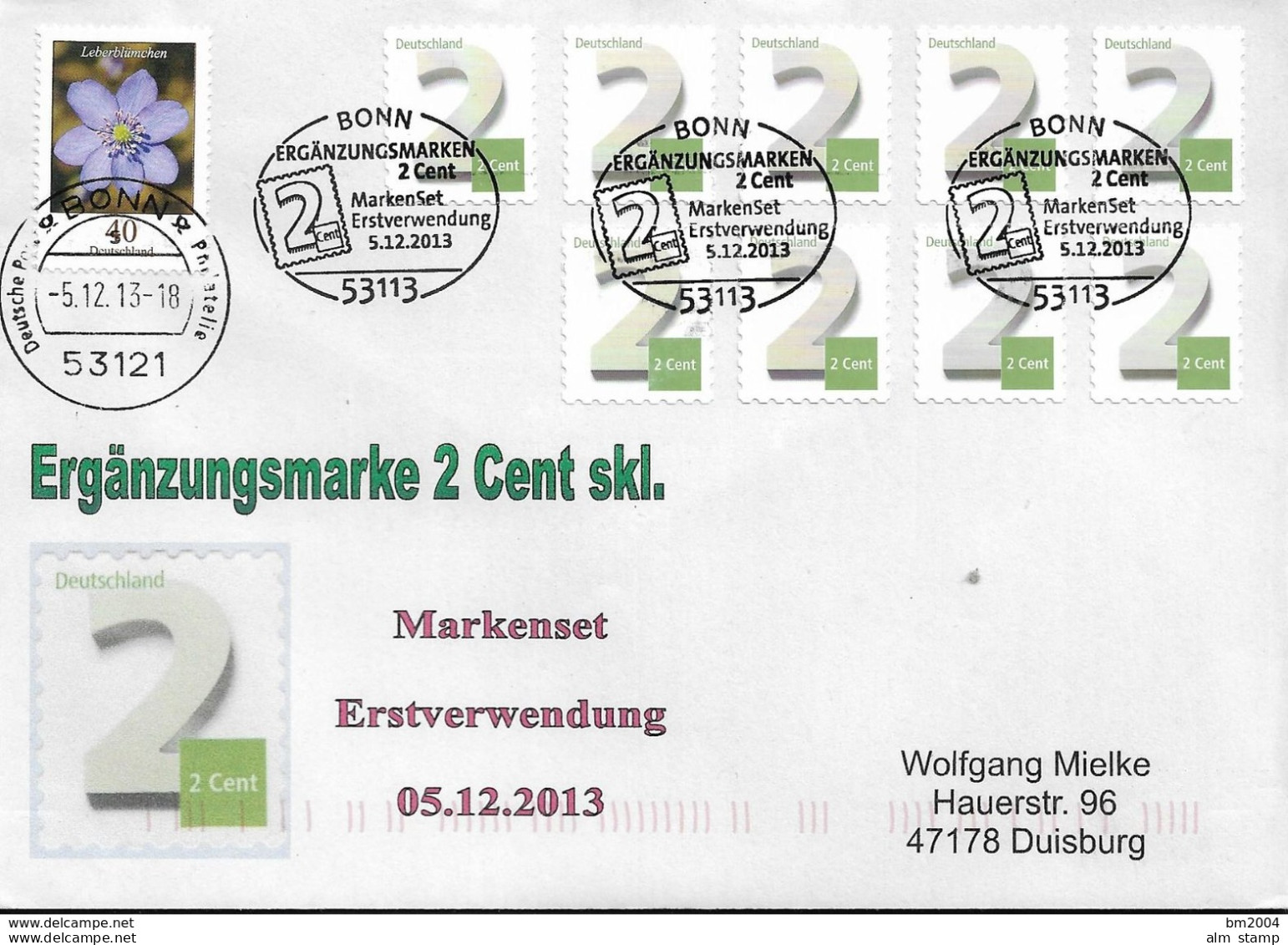 2013 Deutschland  Mi  3045  FDC Ergänzungswerte 2 Cent Skl - 2011-…