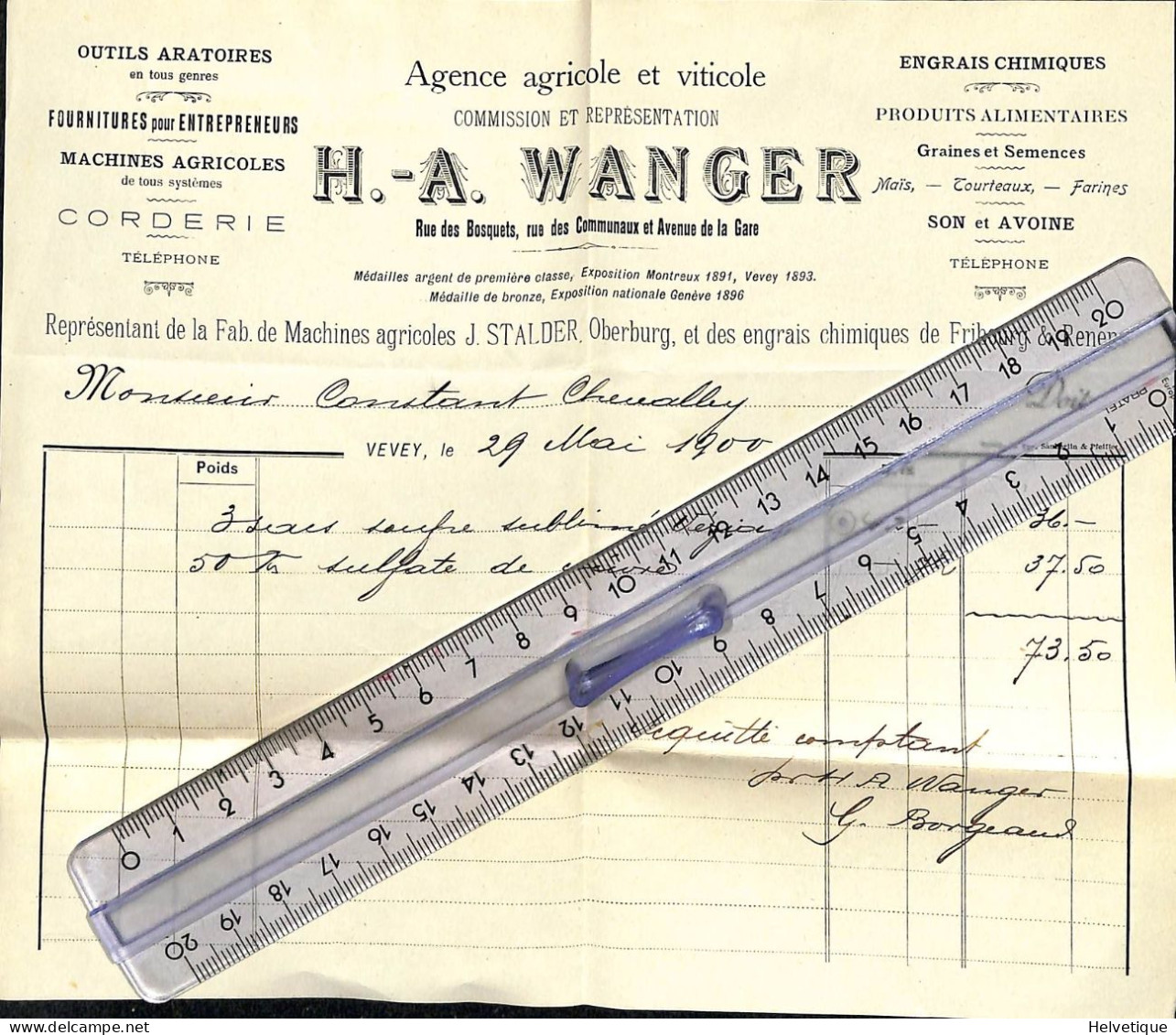 Facture Wanger Vevey Engrais Chimiques Machines Agricoles Corderie Semances - Svizzera