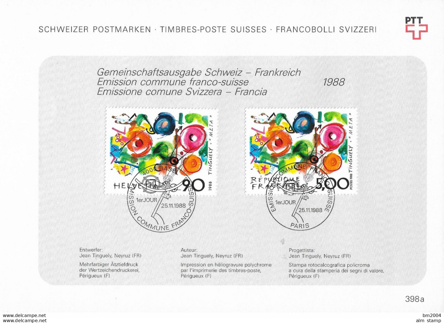 1988 Schweiz  Mi. 1380 Fankreich Mi. 2693 Ausgabekarte Nr. 398a Jean Tinguely - FDC