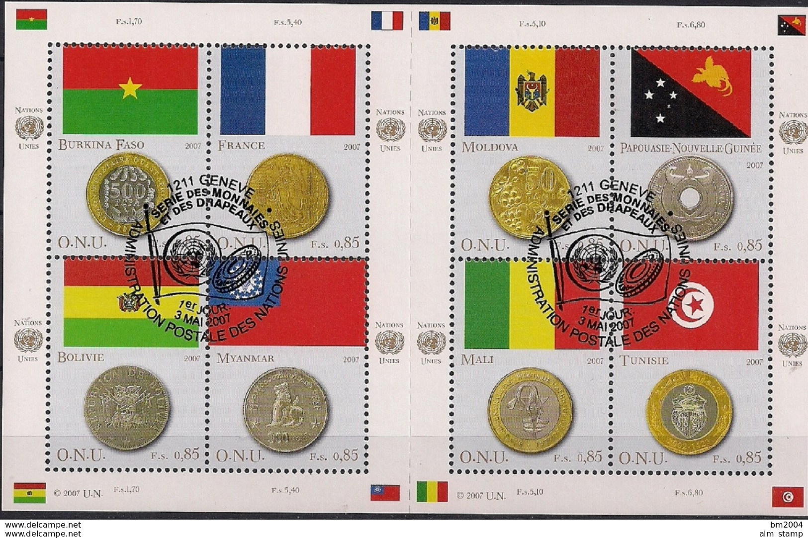 2007 UNO  Genf    Mi.  565-72 Used     Flaggen Und Münzen Der Mitgliedsstaaten - Blocs-feuillets