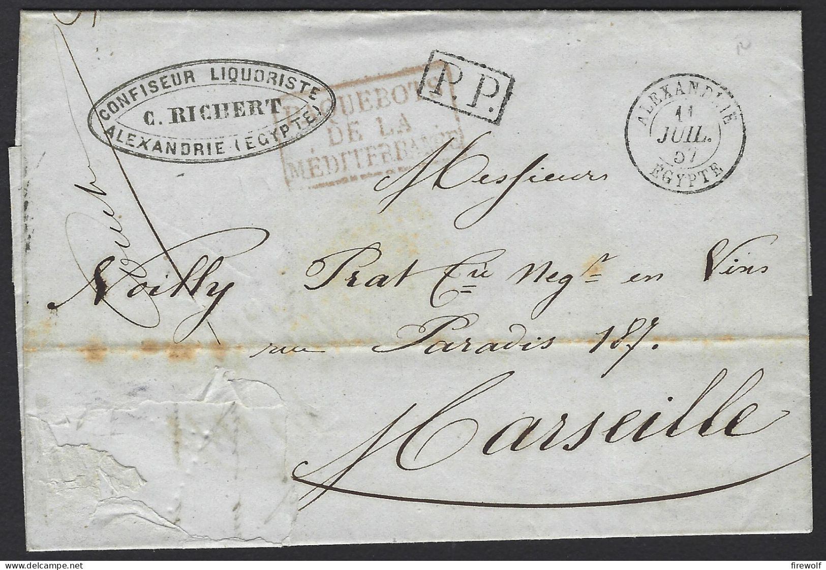 F16 - Egypt Alexandria French Office - Letter 1857 To Marseille France - Paquebot De La Mediterrannee - Brieven En Documenten