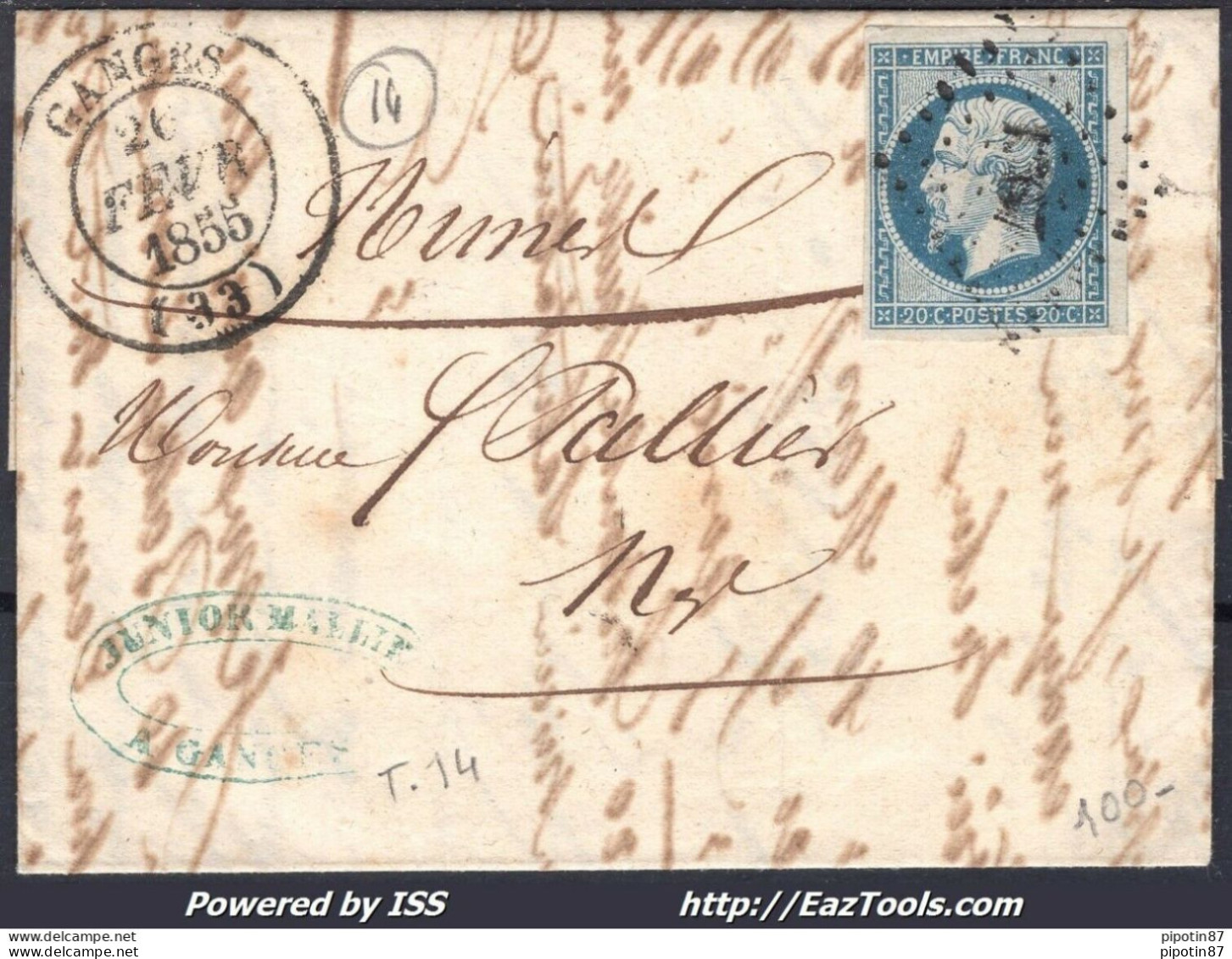 FRANCE N°14A SUR LETTRE PC 1367 GANGES HERAULT + CAD TYPE 14 DU 26/02/1855 - 1853-1860 Napoléon III