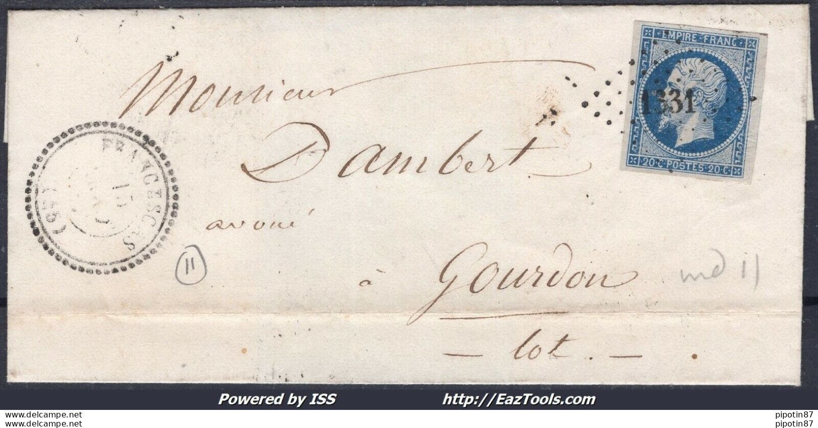 FRANCE N°14A SUR LETTRE PC 1331 FRANCESCAS LOT ET GARONNE + CAD DU 15/08/1857 - 1853-1860 Napoléon III