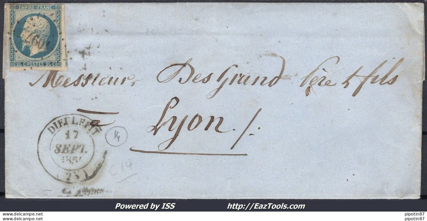 FRANCE N°14A SUR LETTRE PC 1097 DIEULEFIT DROME + CAD TYPE 14 DU 17/09/1854 - 1853-1860 Napoléon III