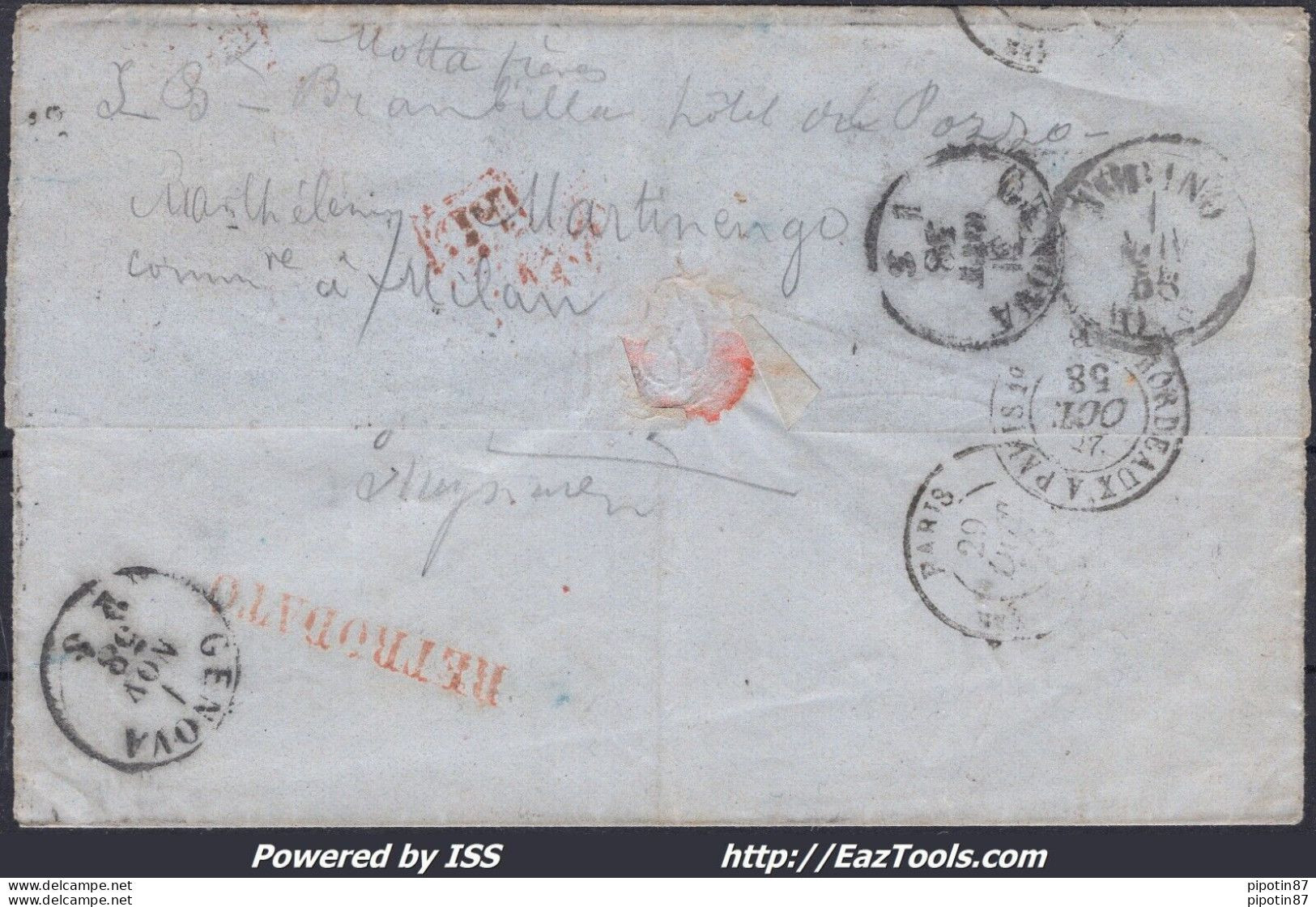 FRANCE N°13+16 SUR LETTRE POUR L'ITALIE PC 441 BORDEAUX +CAD DU 28/10/1858 - 1853-1860 Napoleone III