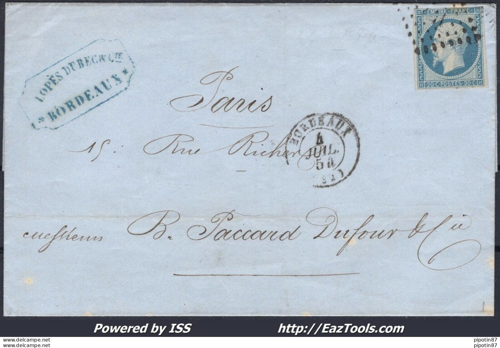 FRANCE N°14Af LAITEUX SUR LETTRE PC 441 BORDEAUX GIRONDE + CAD DU 04/07/1854 - 1853-1860 Napoléon III