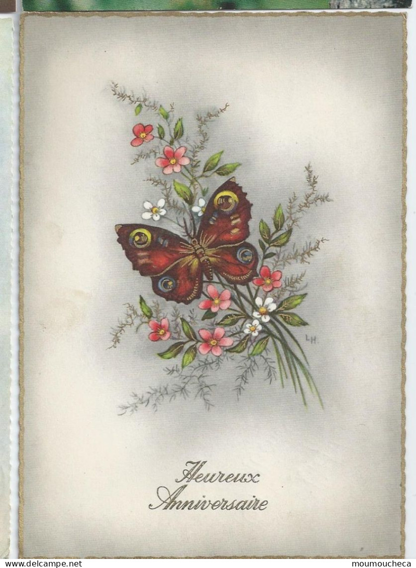 CP : Papillon Dessin Fleurs - Dorure - N° 4015 (2 Scans) - Papillons