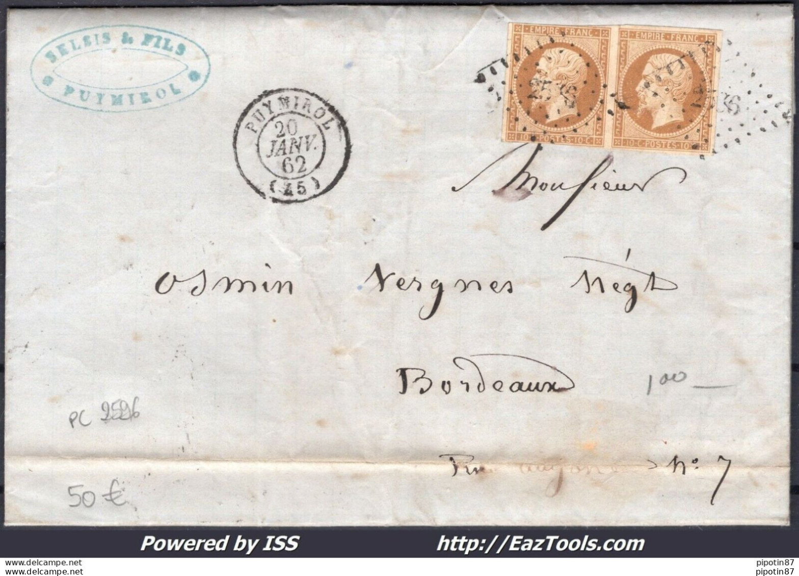 FRANCE PAIRE N°13B SUR LETTRE PC 2596 PUYMIROL LOT & GARONNE + CAD DU 20/01/1862 - 1853-1860 Napoléon III