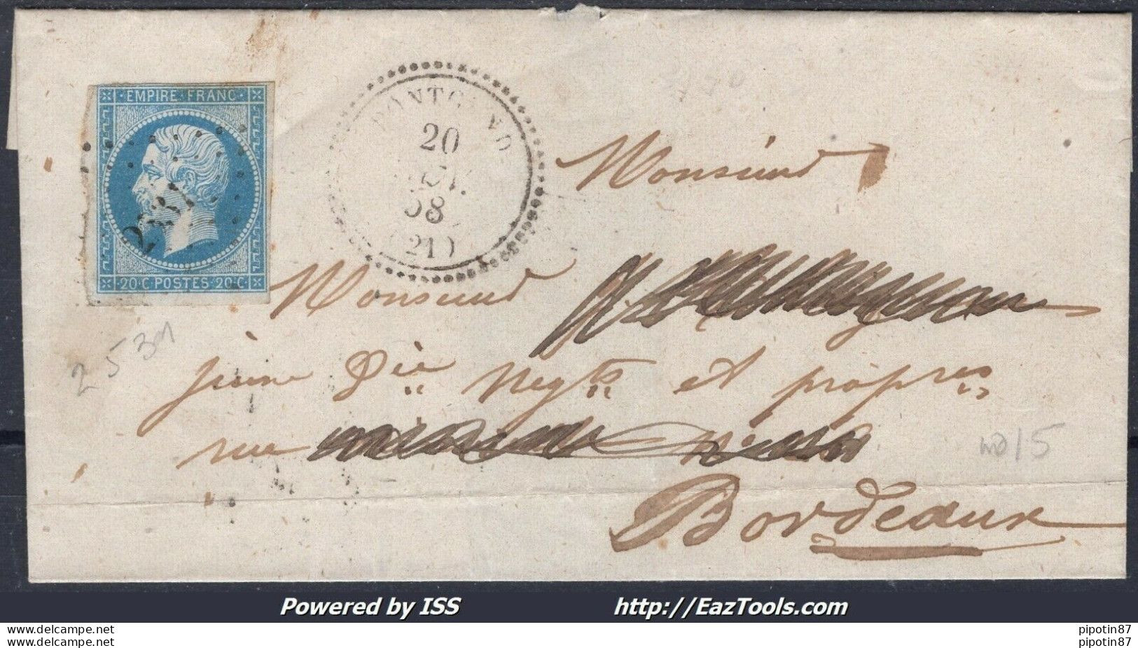 FRANCE N°14A SUR LETTRE PC 2531 PONTGAND COTES DU NORD + CAD PERLÉ DU 20/11/1858 - 1853-1860 Napoleon III