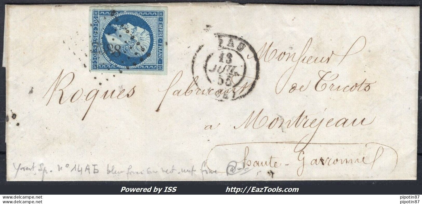 FRANCE BLEU FONCÉ SUR VERT N° 14Ad SUR LETTRE PC 2388 PAU + CAD DU 13/07/1855 - 1853-1860 Napoléon III.