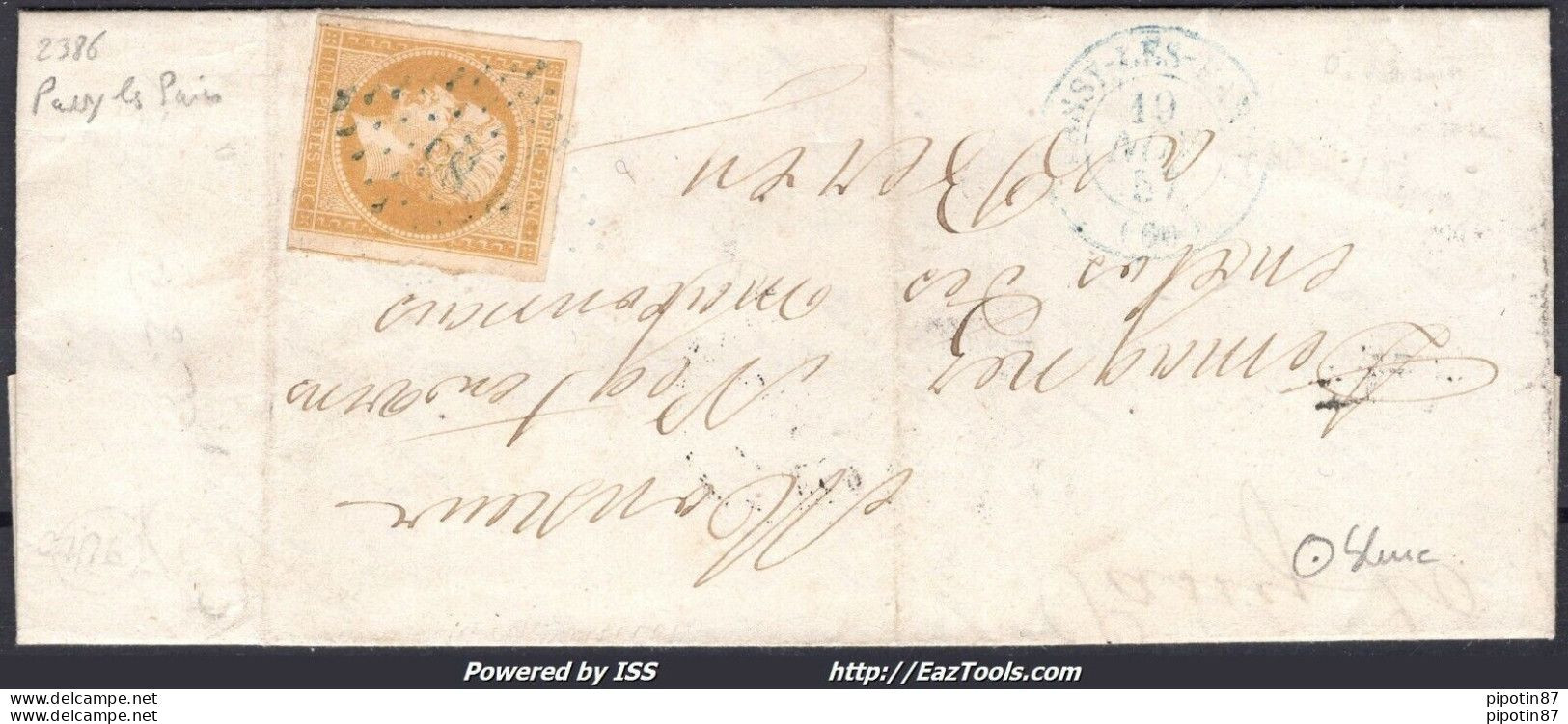 FRANCE N°13A SUR LETTRE POUR BERCY PC BLEU 2386 PASSY LES PARIS + CAD 10/11/1857 - 1853-1860 Napoléon III