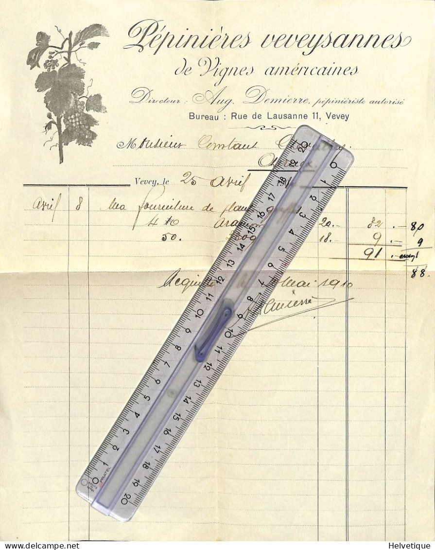 Facture Vevey Pépinières Vignes Américaines 1910 Demierre Vin Vignoble Chevalley Chernex  Plans Greffés - Zwitserland