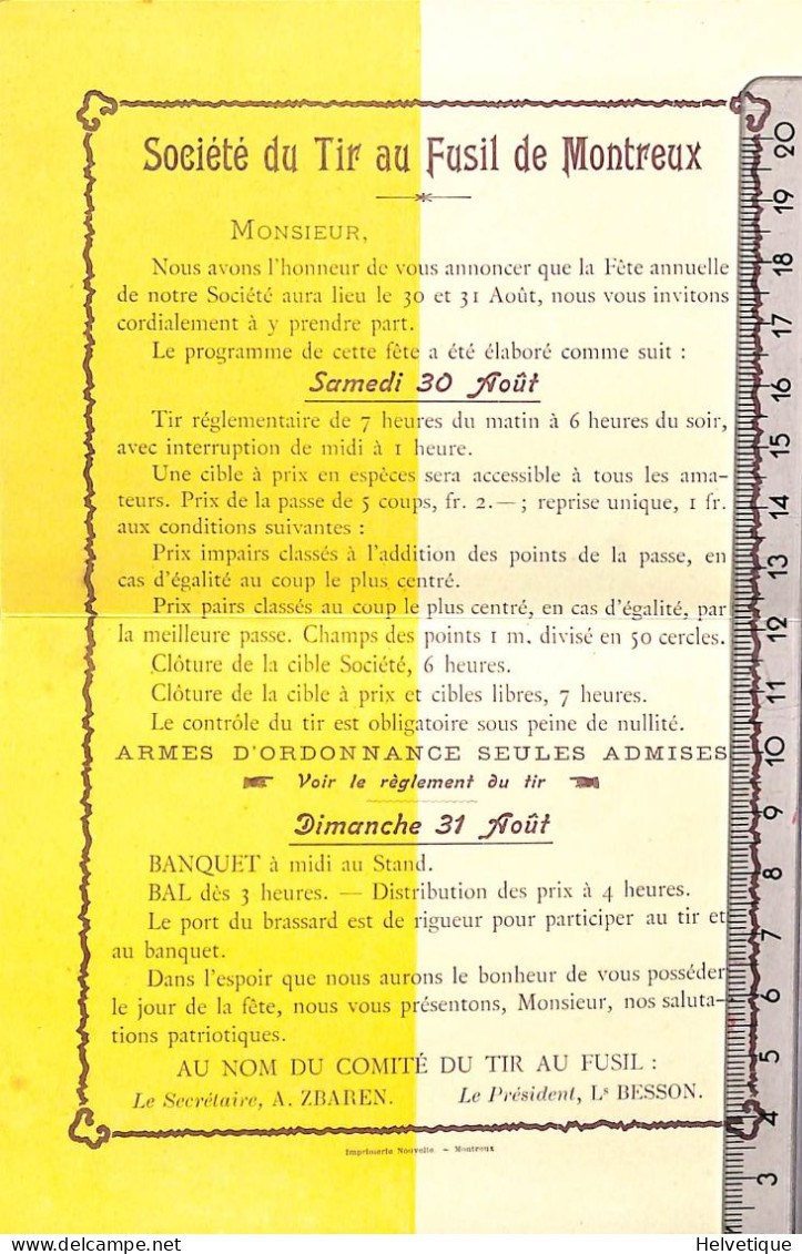 Facture Cotisation Société De Tir Au Fusil De Montreux 1902 Programme Détaillé De La Fête Annuelle - Zwitserland