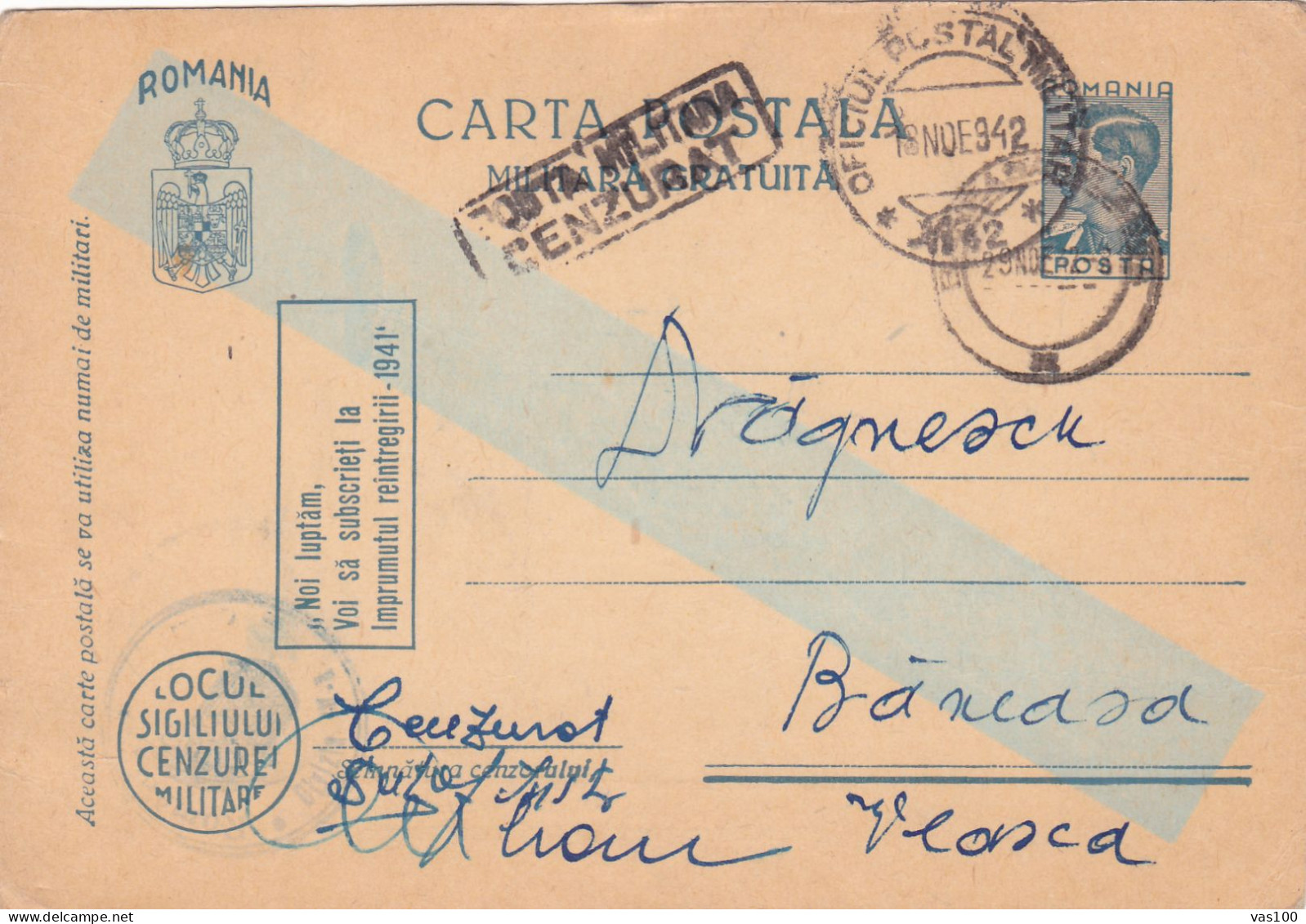 Romania, 1942, WWII Military Censored CENSOR ,POSTCARD STATIONERY, POSTMARK  COMUNIST - World War 2 Letters
