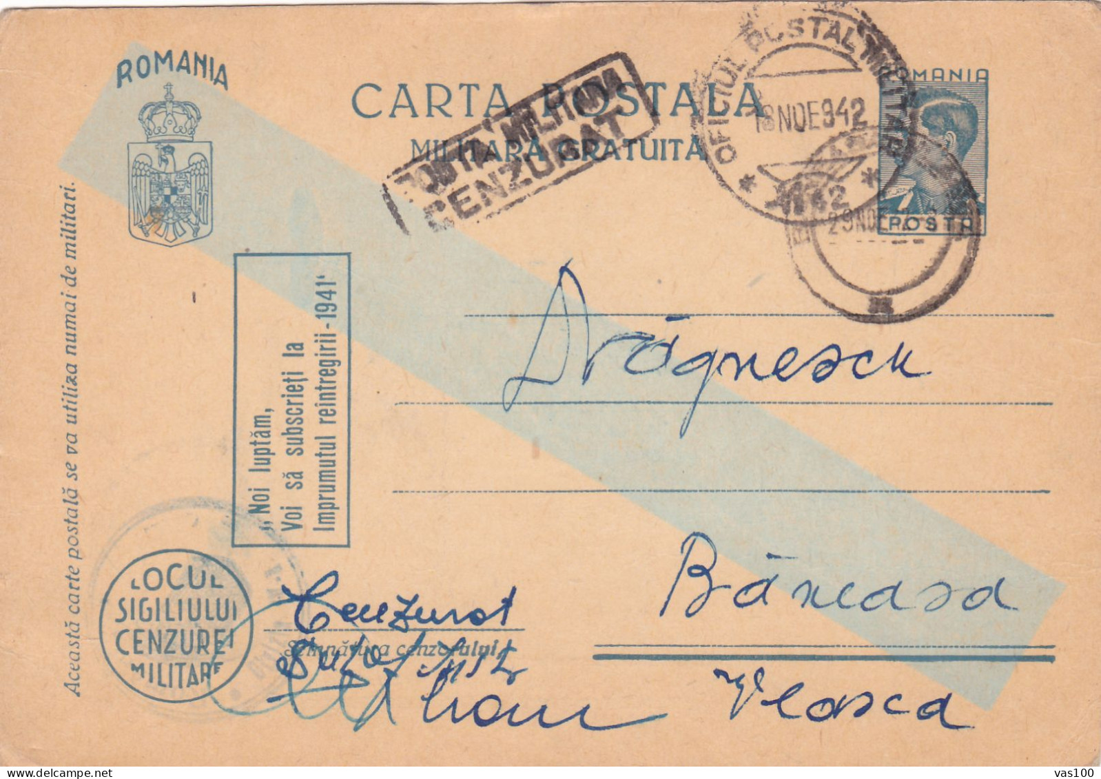 Romania, 1942, WWII Military Censored CENSOR ,POSTCARD STATIONERY, POSTMARK  COMUNIST - Lettres 2ème Guerre Mondiale